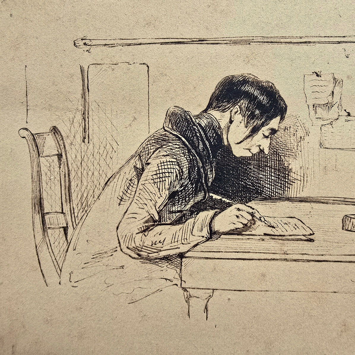 Jeune homme à son bureau dessin encre de chine XIXe signé-photo-4