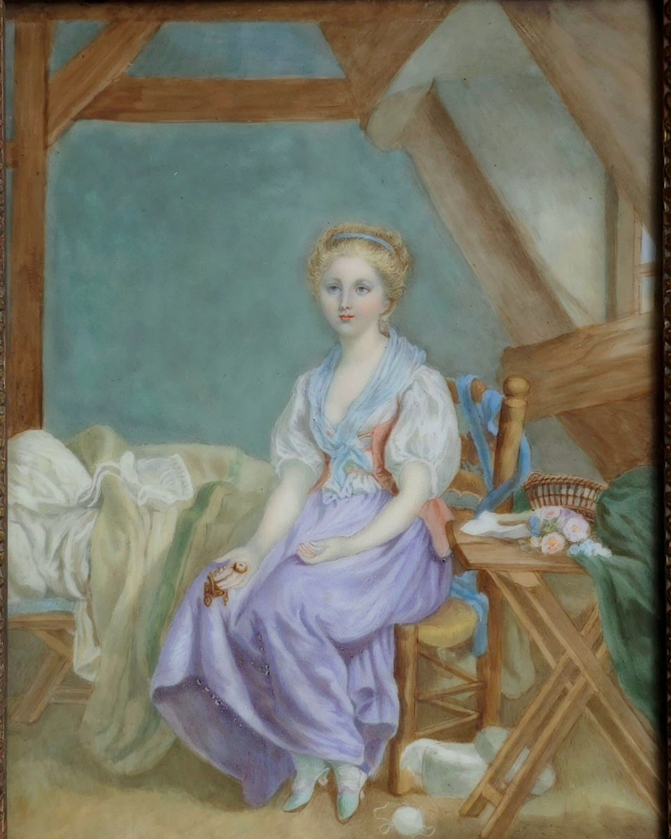 Jeune fille à la montre peinture sur porcelaine peinte 1900-photo-2