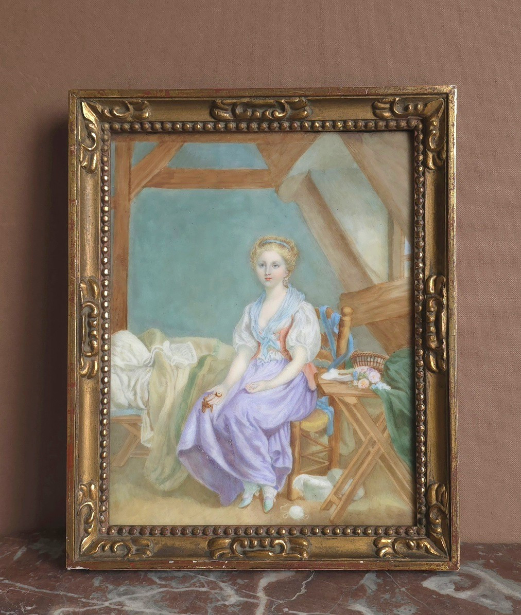 Jeune fille à la montre peinture sur porcelaine peinte 1900