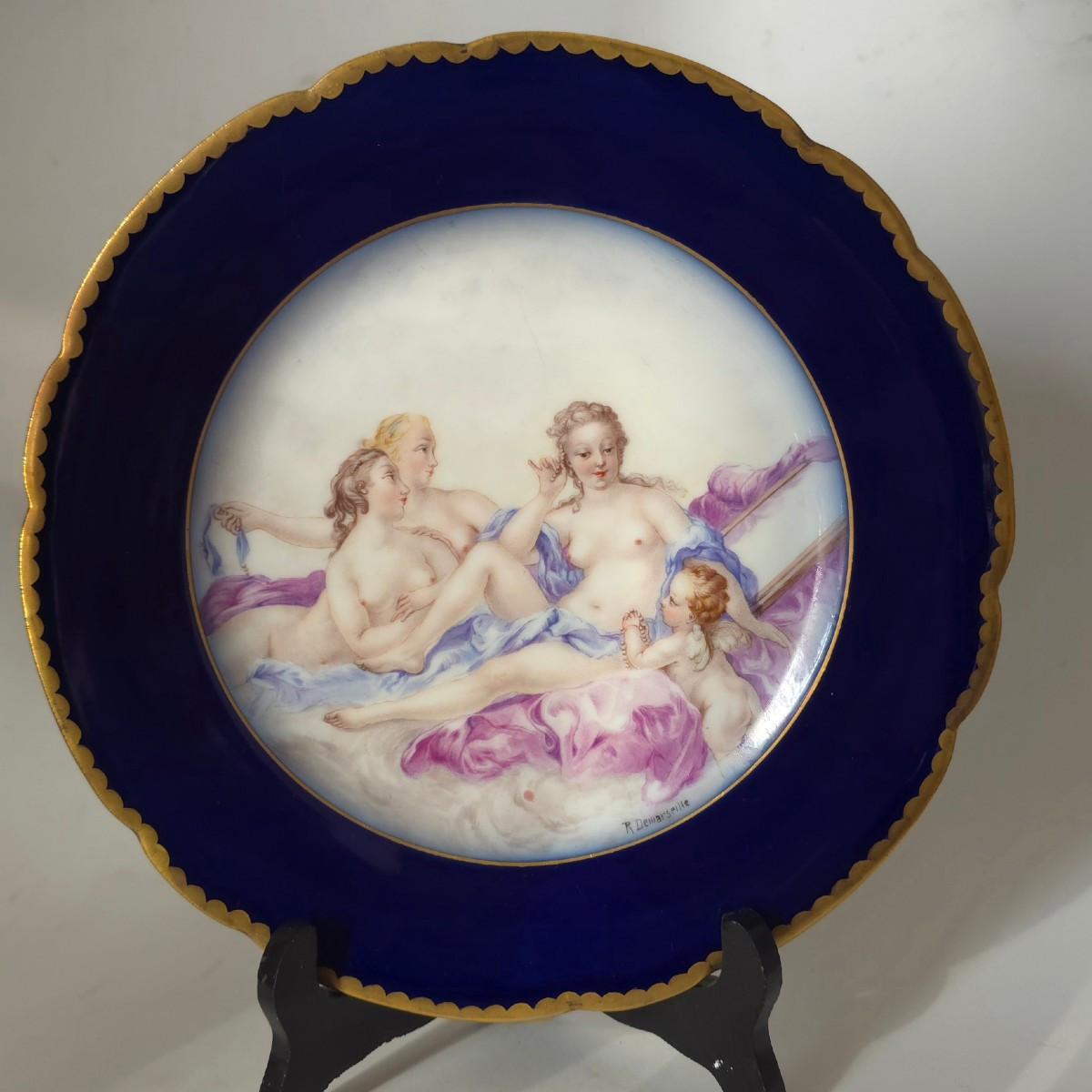 R.Demarseille Paire assiettes porcelaine fine peinte d’après François Boucher-photo-3