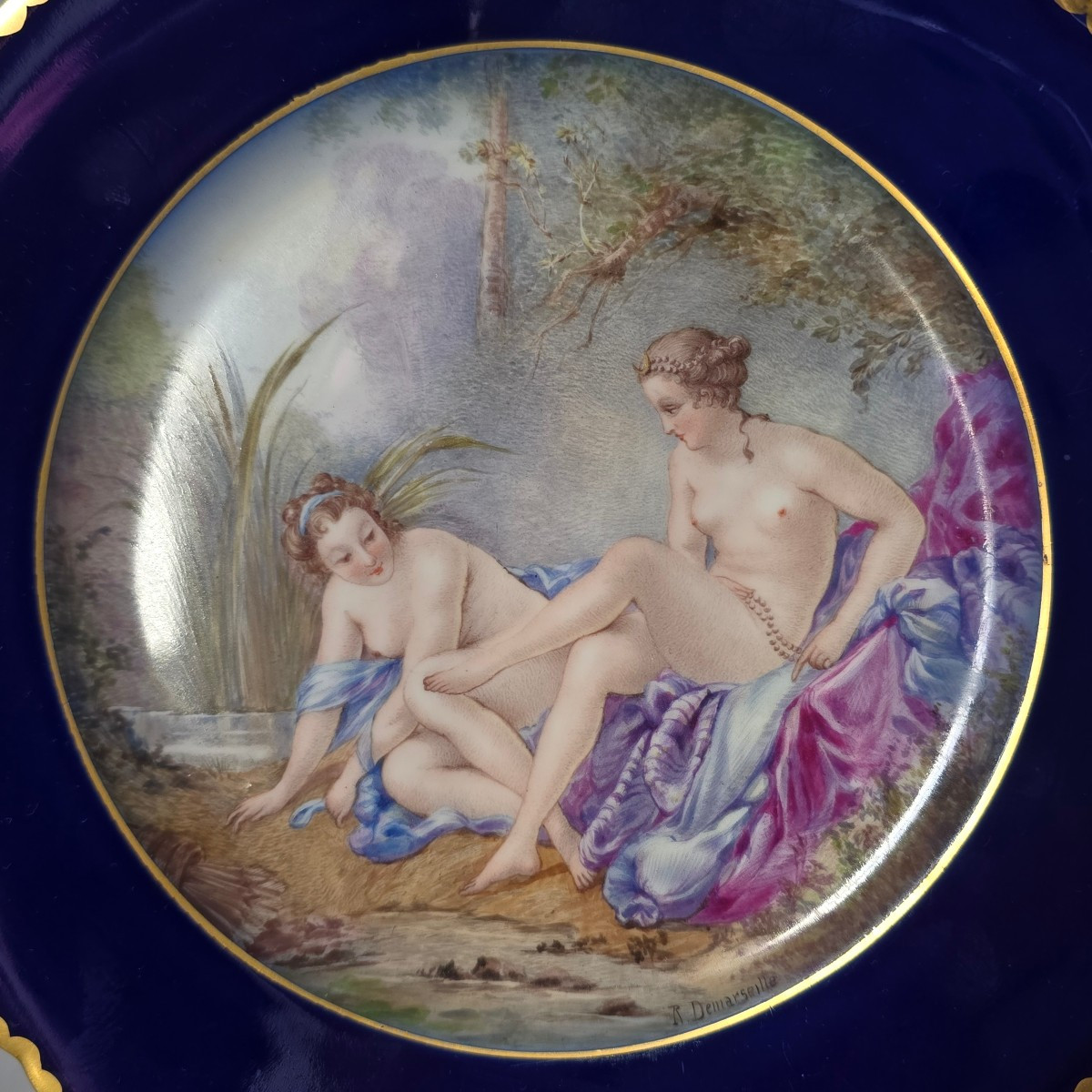 R.Demarseille Paire assiettes porcelaine fine peinte d’après François Boucher-photo-1
