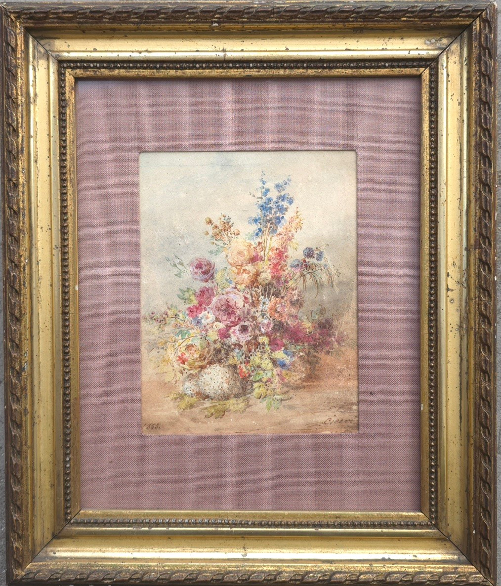 Eugène CICERi 1813_1890  Bouquet de fleurs 1865 aquarelle