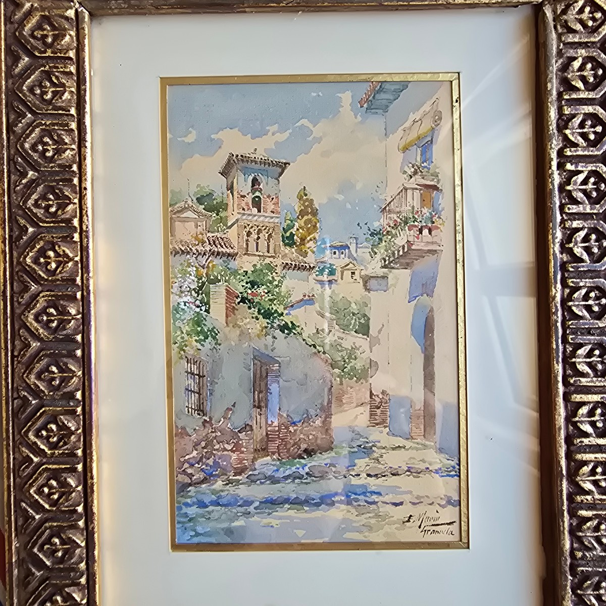Enrique Marine Sevilla 1876-1940 Street In Granada, Spain Watercolor -photo-2