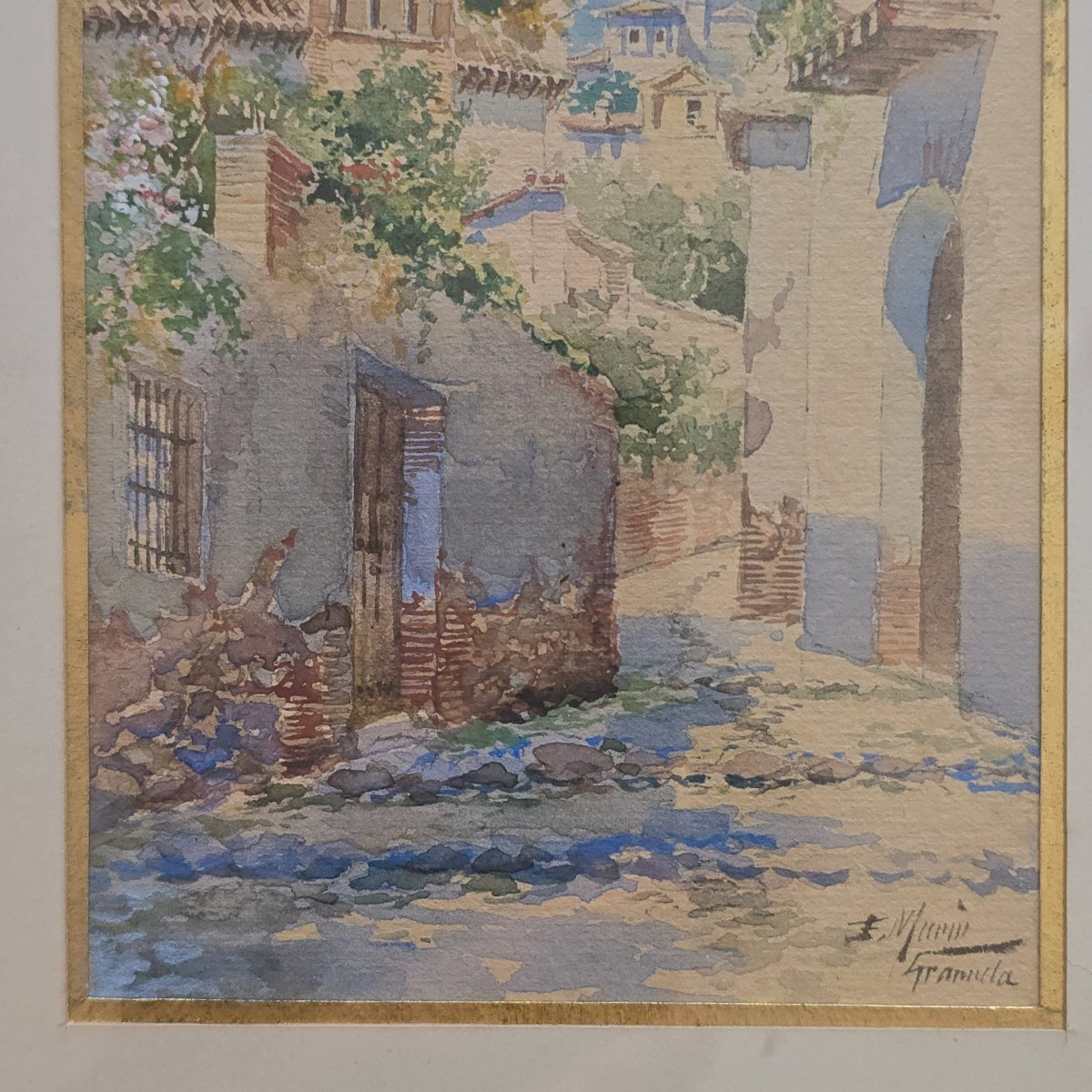 Enrique Marine Sevilla 1876-1940 Street In Granada, Spain Watercolor -photo-1