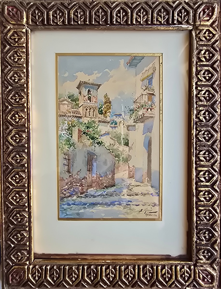 Enrique Marine Sevilla 1876-1940 Street In Granada, Spain Watercolor 