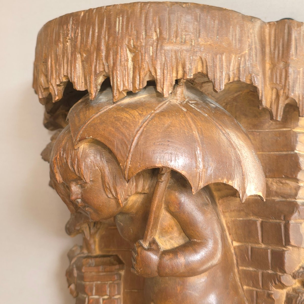 Wall-mounted Console Table "it's Raining" With A Little Girl And A Snail, Carved Wood, Height: 37 Cm-photo-3