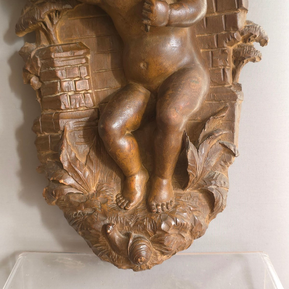 Wall-mounted Console Table "it's Raining" With A Little Girl And A Snail, Carved Wood, Height: 37 Cm-photo-1