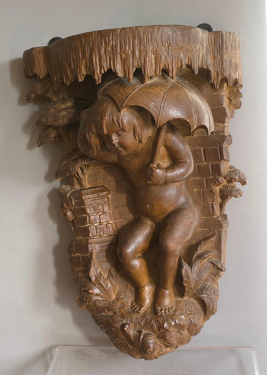 Wall-mounted Console Table "it's Raining" With A Little Girl And A Snail, Carved Wood, Height: 37 Cm-photo-2