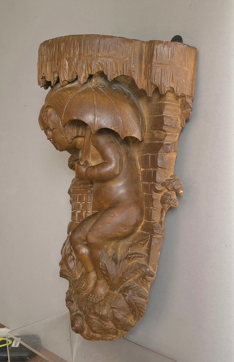 Wall-mounted Console Table "it's Raining" With A Little Girl And A Snail, Carved Wood, Height: 37 Cm-photo-4