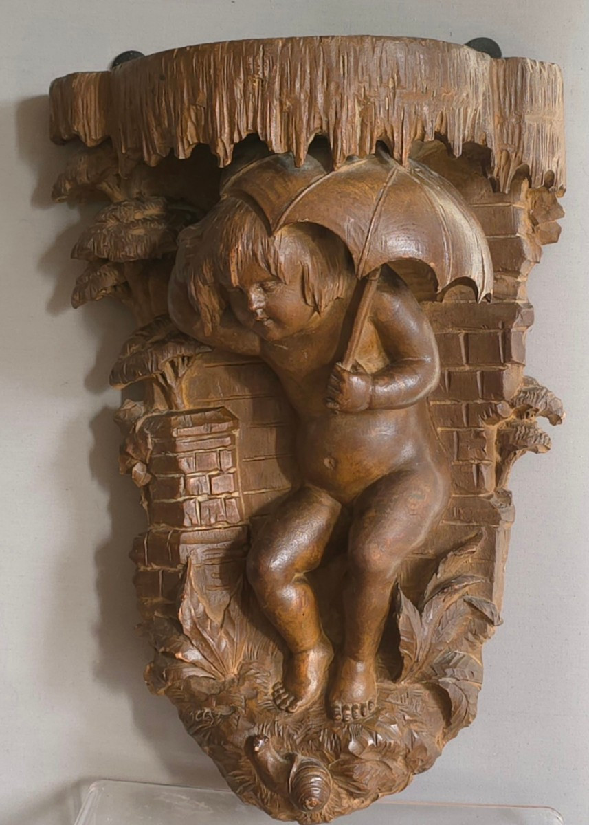 Wall-mounted Console Table "it's Raining" With A Little Girl And A Snail, Carved Wood, Height: 37 Cm