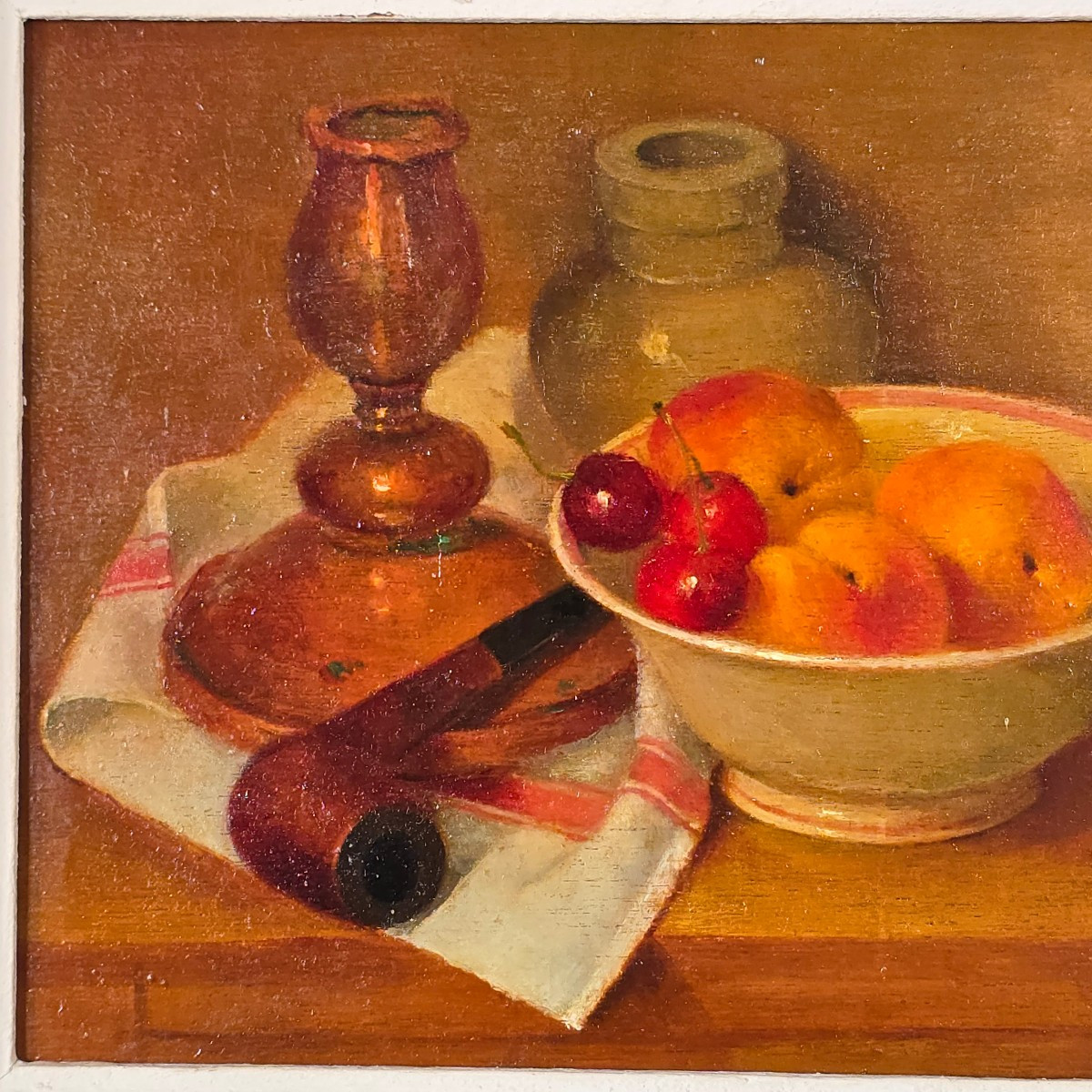 Nature morte au compotier signé J.Buste XXe  panneau18 x 27 cm-photo-2