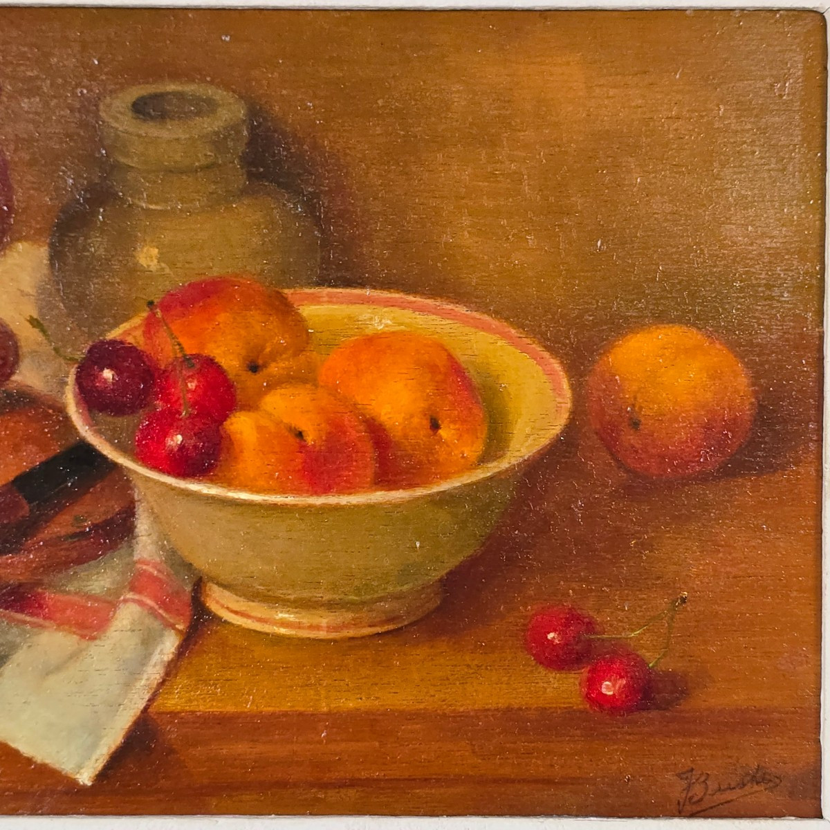 Nature morte au compotier signé J.Buste XXe  panneau18 x 27 cm-photo-3