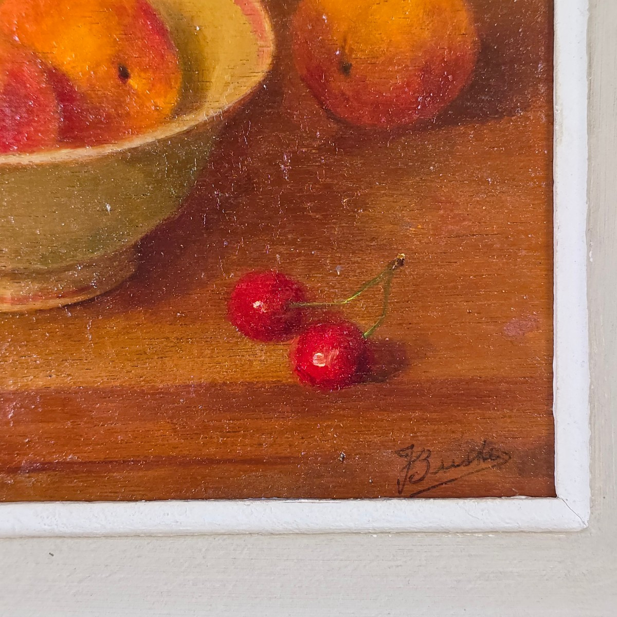 Nature morte au compotier signé J.Buste XXe  panneau18 x 27 cm-photo-1