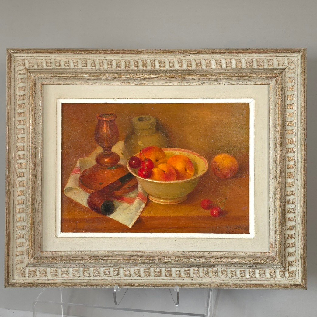 Nature morte au compotier signé J.Buste XXe  panneau18 x 27 cm