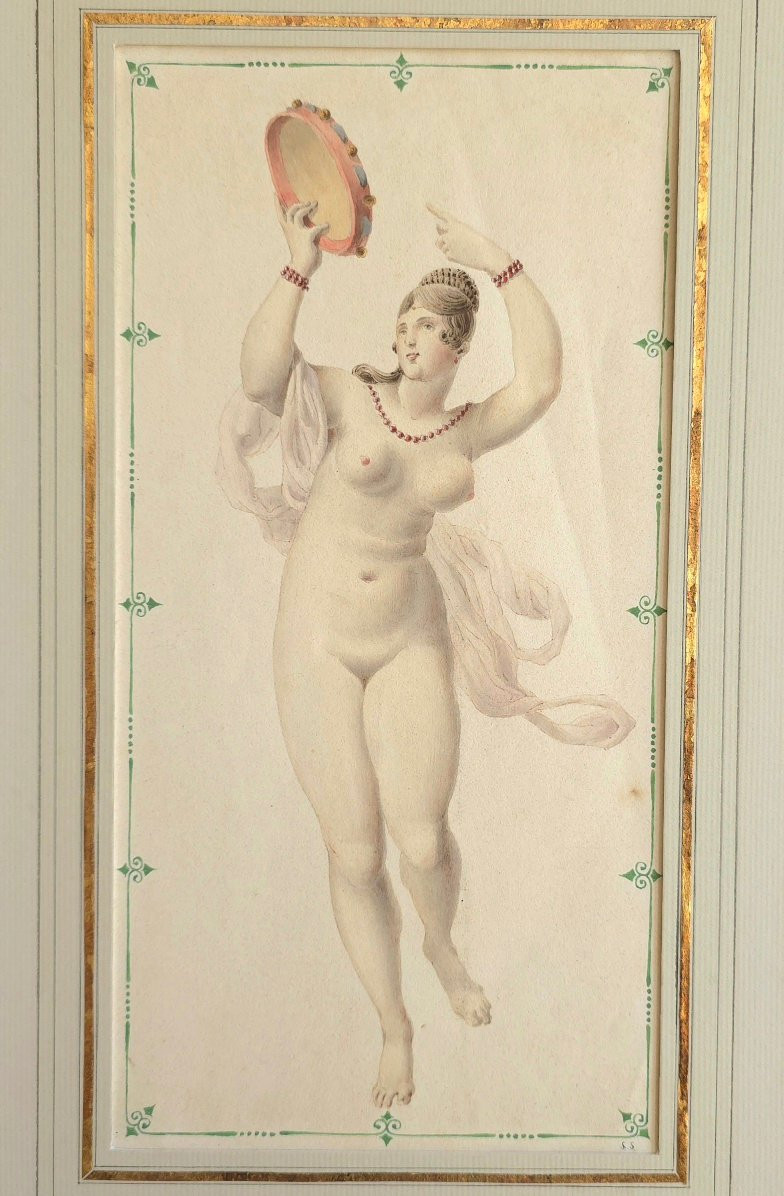 Woman With Tambourine Watercolour 19th Century View: 27.7 X 14 Cm-photo-3