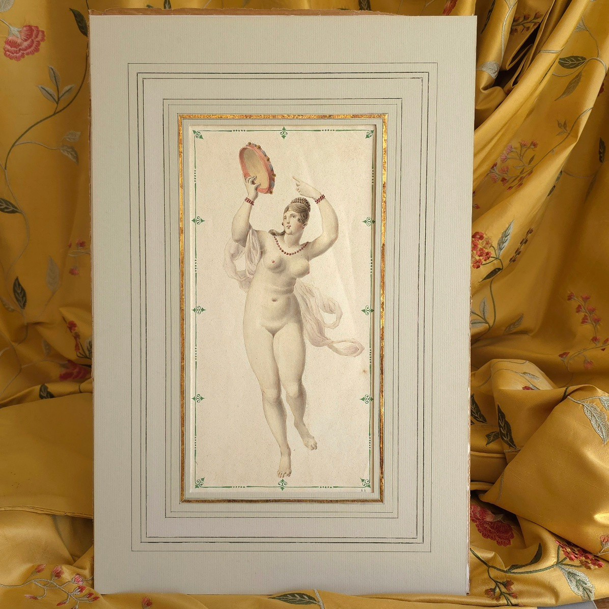 Woman With Tambourine Watercolour 19th Century View: 27.7 X 14 Cm