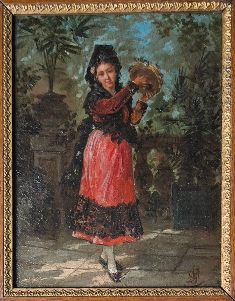 Danseuse andalouse au tambourin tableau XIXe monogramme M.G. Espagne-photo-2