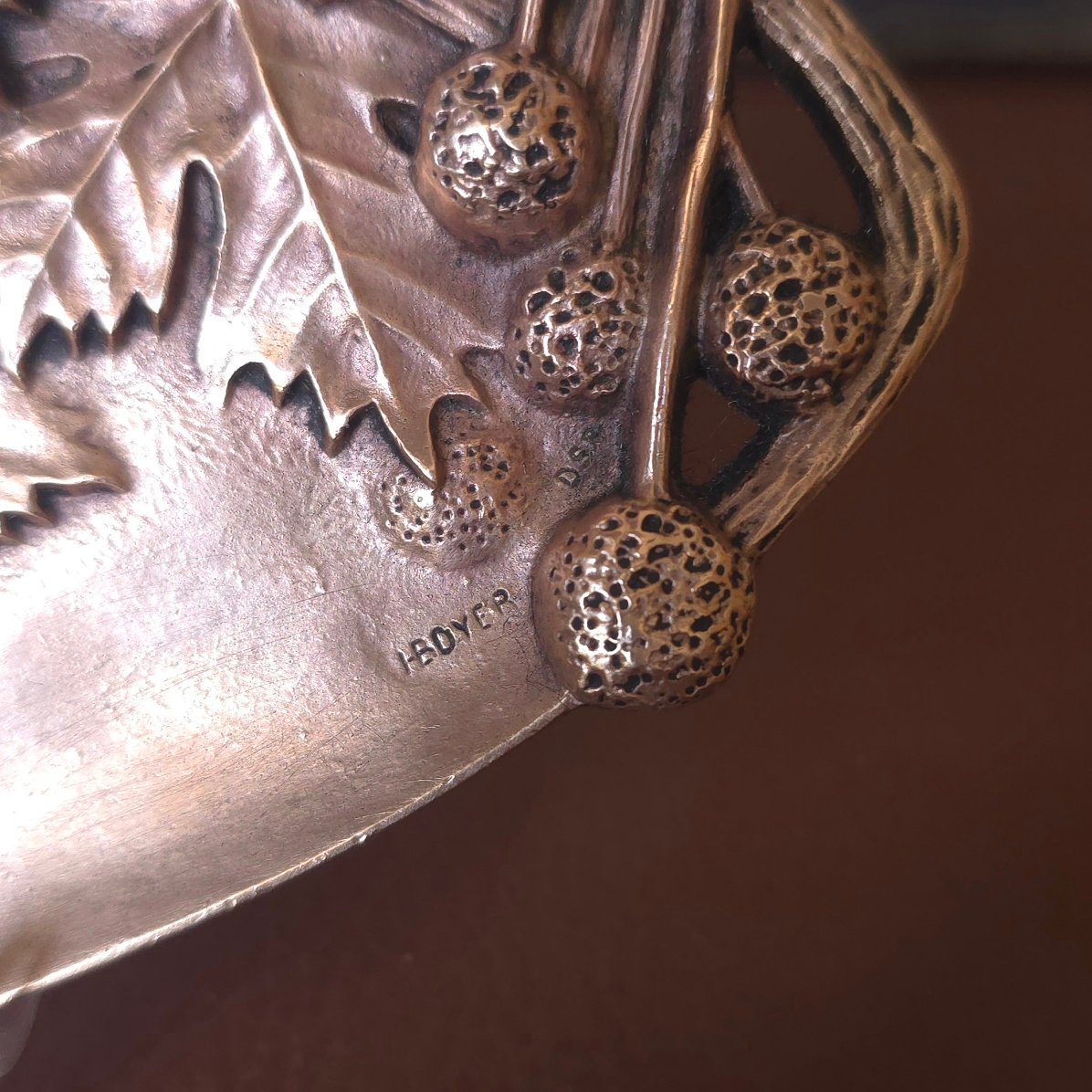Vide poche Art- Nouveau Henri Boyer bronze feuillage châtaignes-photo-2