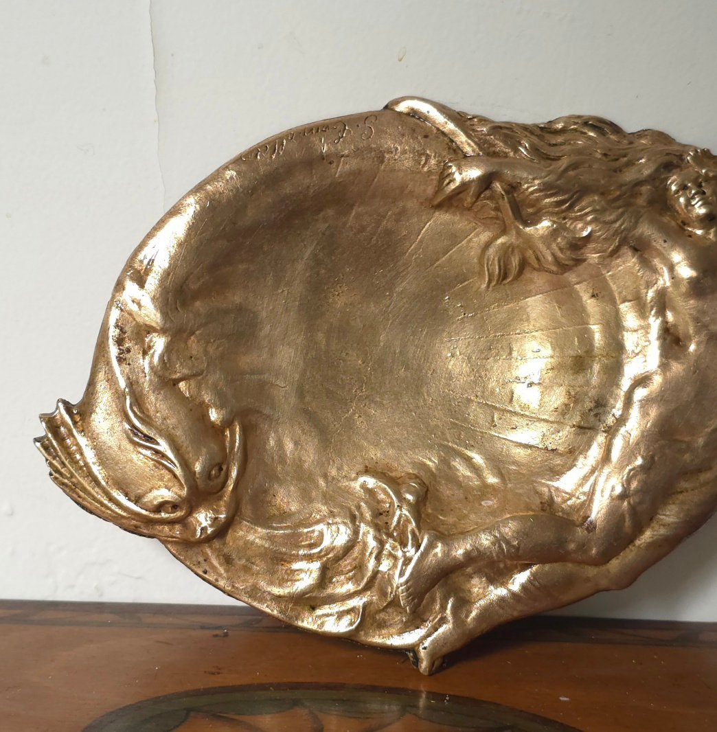 Georges TONNELIER (1858-1937) vide poche Art- Nouveau  bronze Naïade et baleine-photo-2