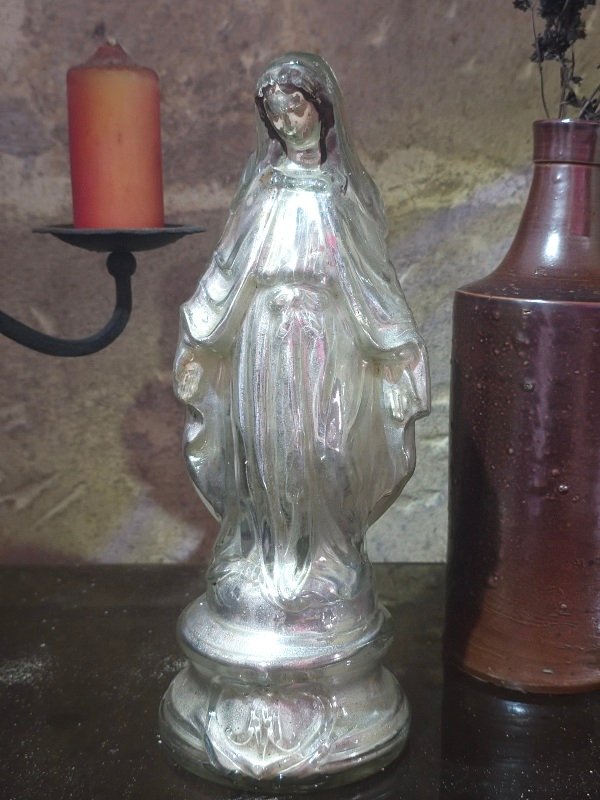 Virgin Mary, 19th-century Egloized Glass, Height 30 Cm