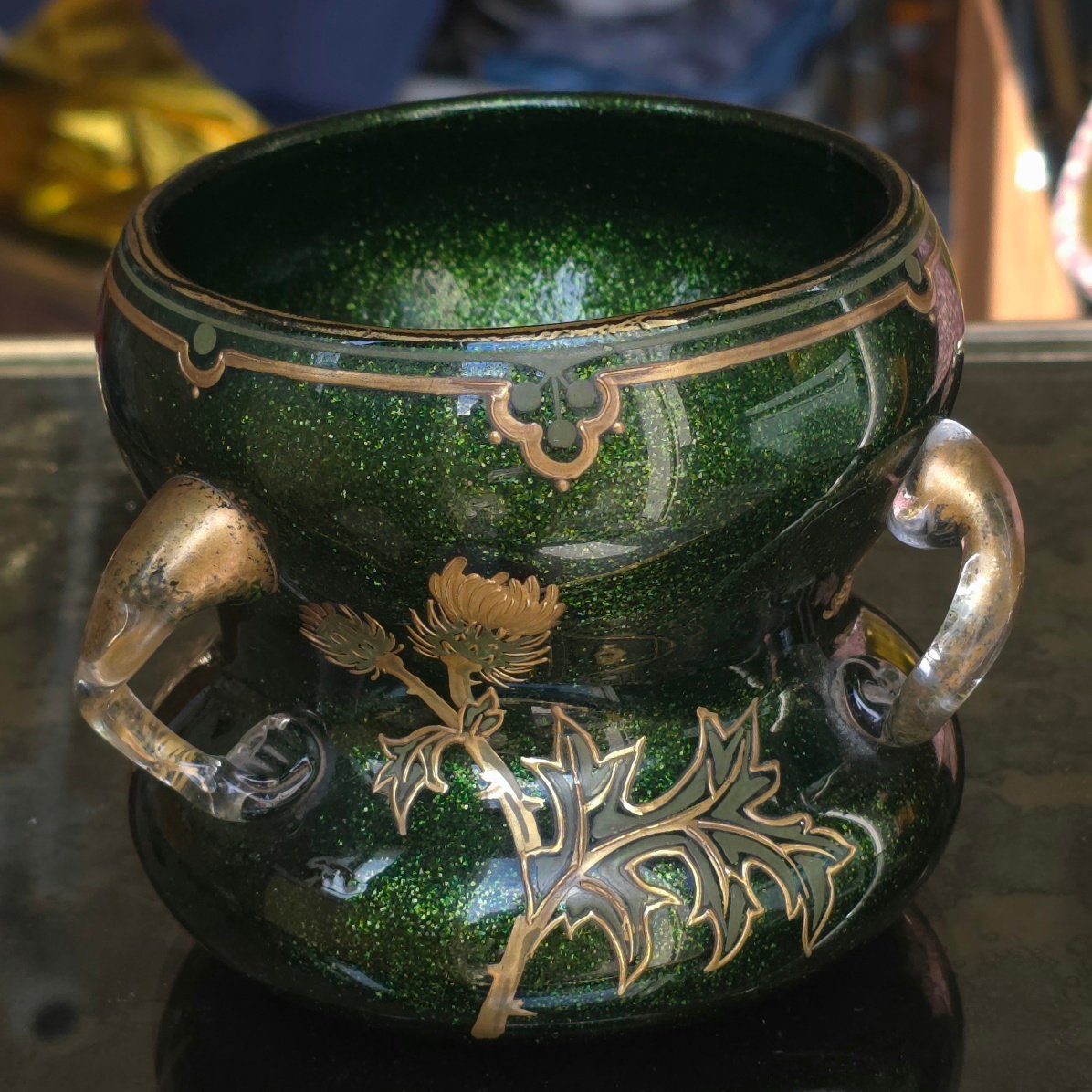 Vase Art-Nouveau verre irisé décor chardon  attribué Montjoye-photo-3