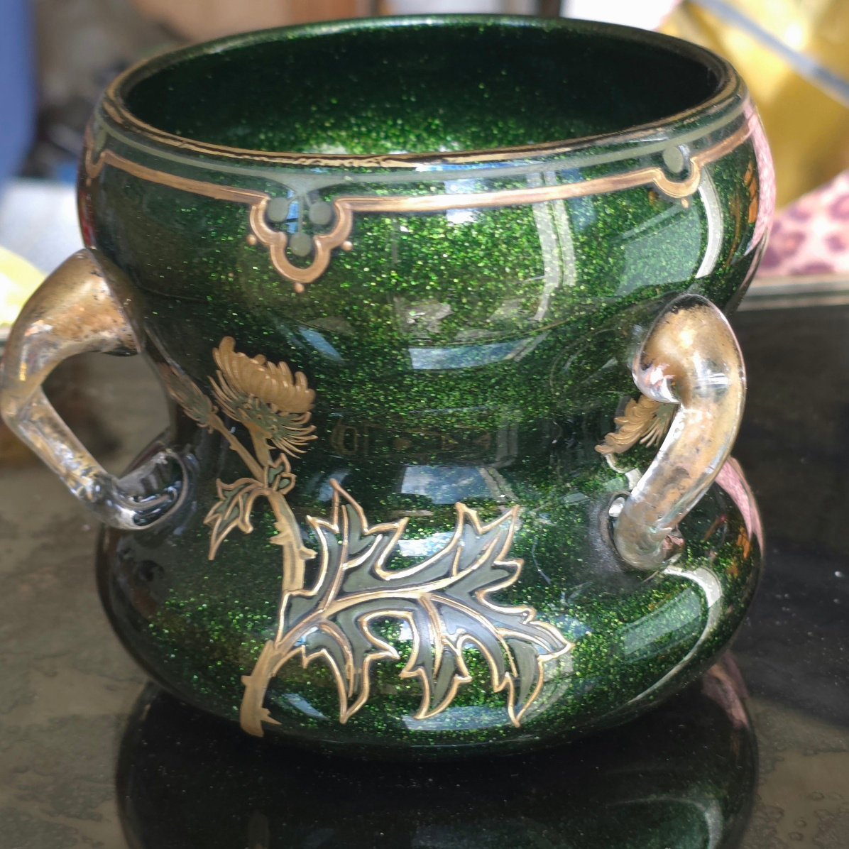Vase Art-Nouveau verre irisé décor chardon  attribué Montjoye-photo-4