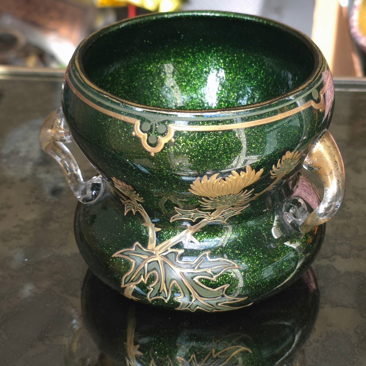 Vase Art-Nouveau verre irisé décor chardon  attribué Montjoye-photo-4