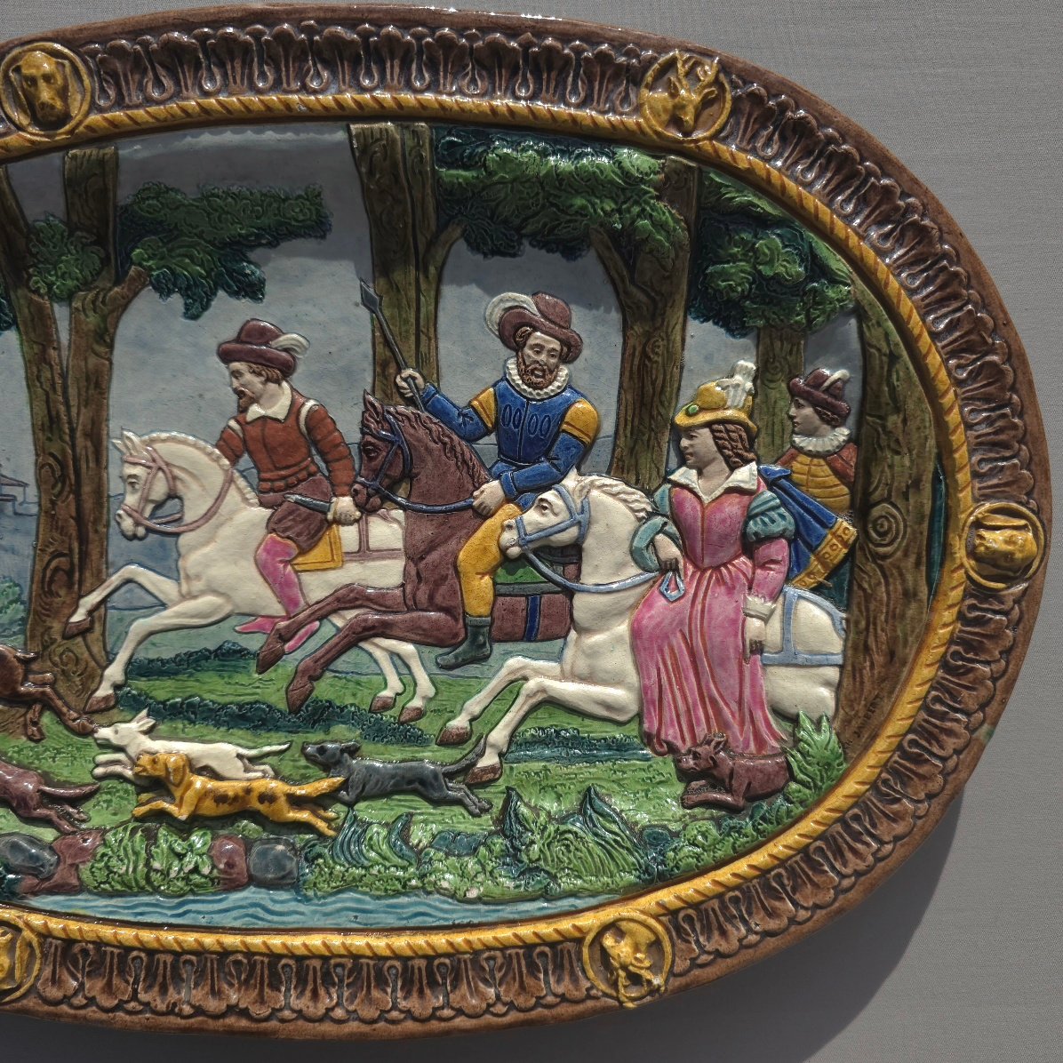 Charles Jaubert, 19th-century Clermont-ferrand Plate In The Majolica Style, Depicting A Hunting Scene, 1889, In The 16th-century Style-photo-4