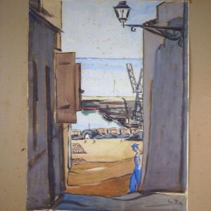 Louis Ancillon Painter Oran From Algeria 1900 - 1987 Large Gouache Rue Port Oran 1930