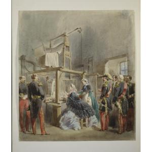 Napoléon III Et Impératrice Visite d'un Atelier De Tissage aquarelle XIXE