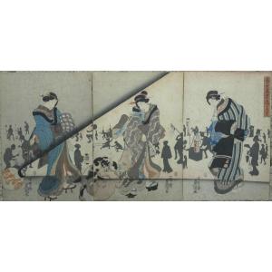 Utagawa Kunisada Toyokuni III (1786-1865) Night Scene Girls Animals Lanterns Japan Asia