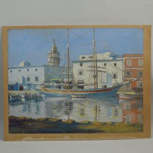 Port Of Bizerte Sailboat Gouache Circa 1930 Tunisia