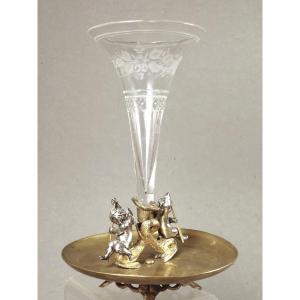 Cornet Putti Vase And Dolphins Bronze And Crystal Napoleon III 