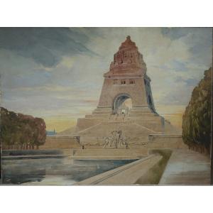 Monument Battle Of Leipzig Architectural Watercolor Late 19th Early 20th Trace Signature Saxony