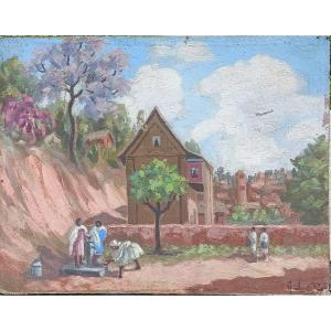 Femmes à La Fontaine Paysage Malgache Début XXe Madagascar 