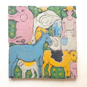 Puzzle Ancien Bois Peint Fermière Et Animaux  28 X 29 Cm