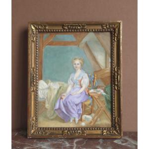 Jeune fille à la montre peinture sur porcelaine peinte 1900