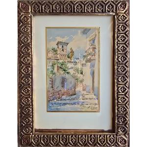Enrique Marine Sevilla 1876-1940 Street In Granada, Spain Watercolor 