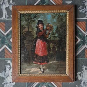 Danseuse andalouse au tambourin tableau XIXe monogramme M.G. Espagne