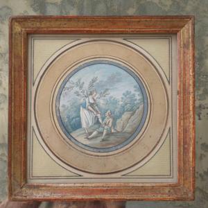 18th-century Romantic Scene, Gouache; Diameter: 7.5 Cm