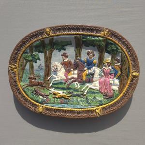 Charles Jaubert, 19th-century Clermont-ferrand Plate In The Majolica Style, Depicting A Hunting Scene, 1889, In The 16th-century Style