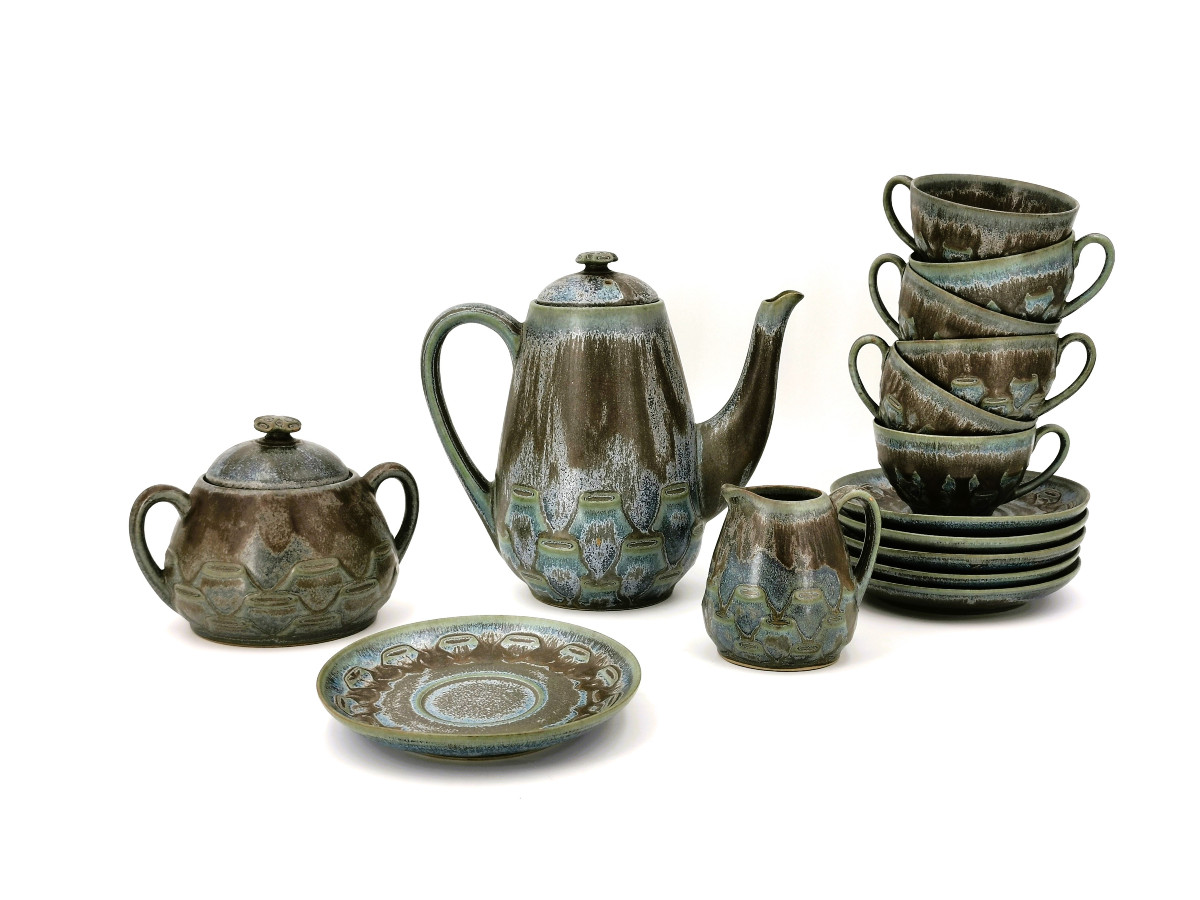 Denbac Coffee Service (denert And Balichon) In Vierzon Flamed Stoneware, Art Deco Period