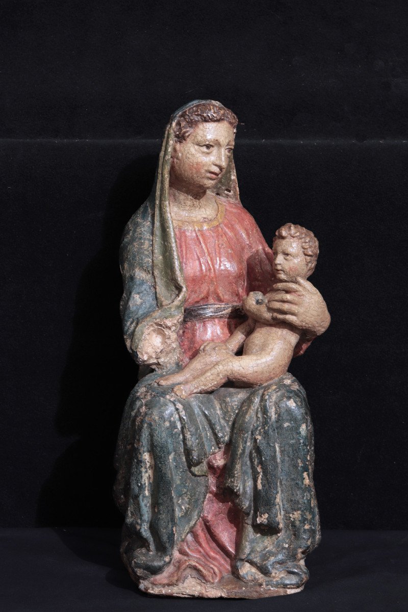 Sculpture: Vierge à l'Enfant, Toscane, 15e Siècle-photo-3