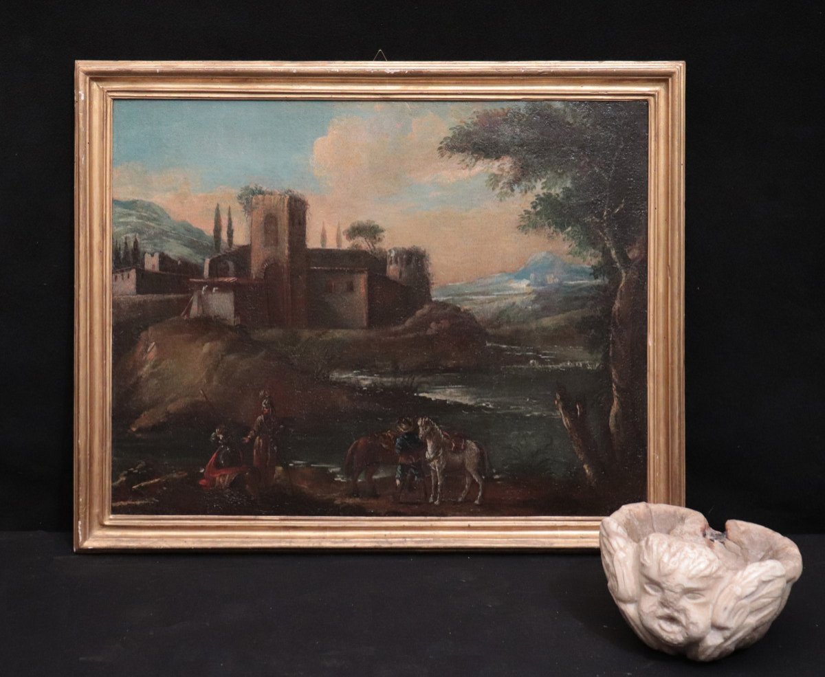 Painting: Landscape With Characters, 18th Century-photo-3
