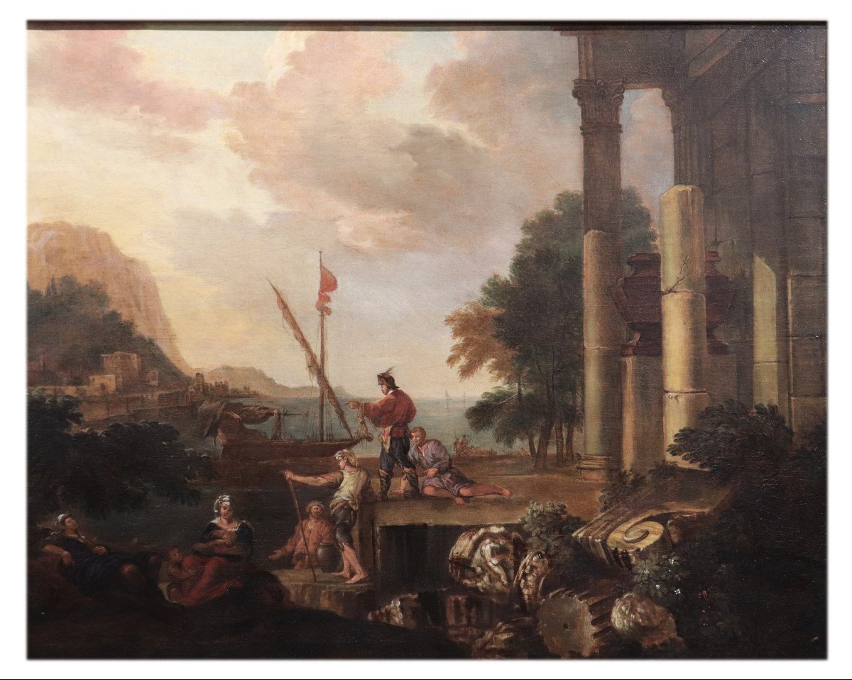 Flemish Painter: 'landscape With Characters', 17th Century-photo-3