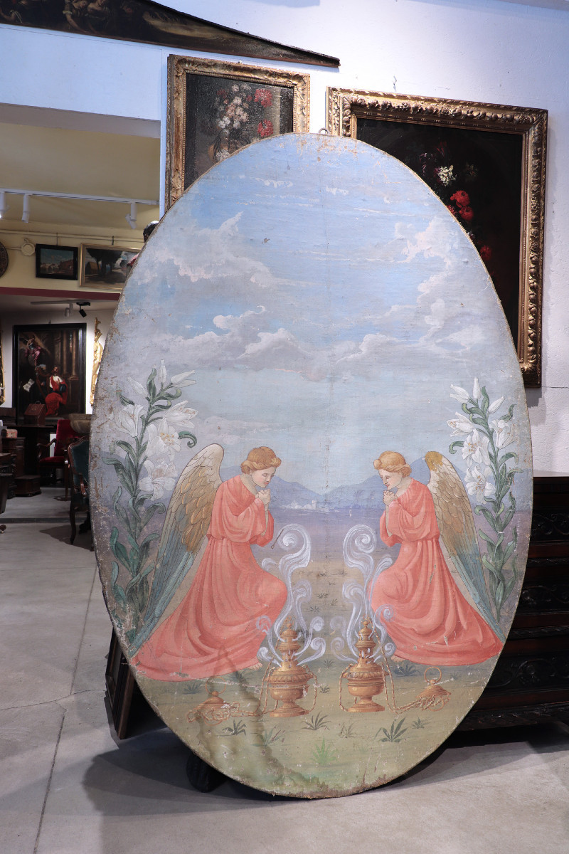 Large Painting: Pair Of Angels, Tuscany, 1900s H203cm