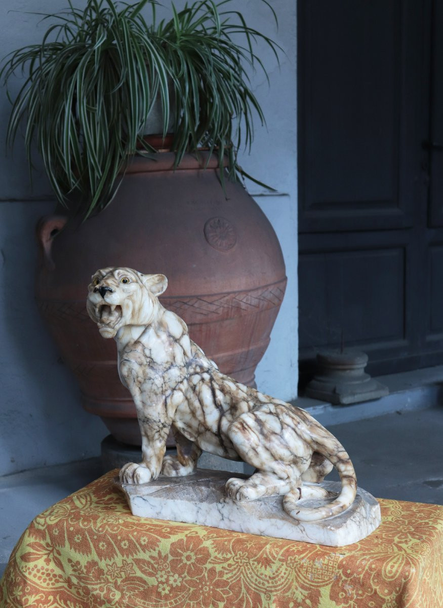Alabaster Animal Sculpture: Panther, Early 1900s-photo-3