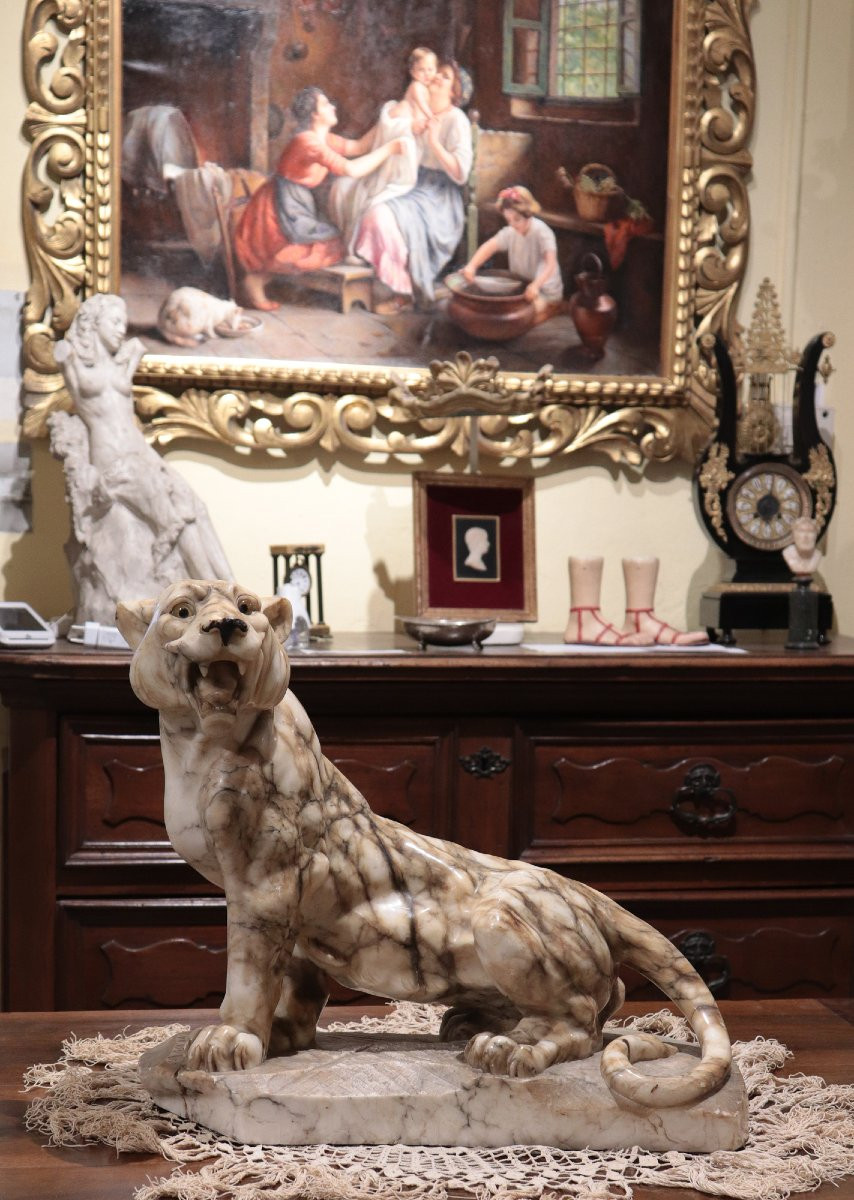 Alabaster Animal Sculpture: Panther, Early 1900s-photo-1