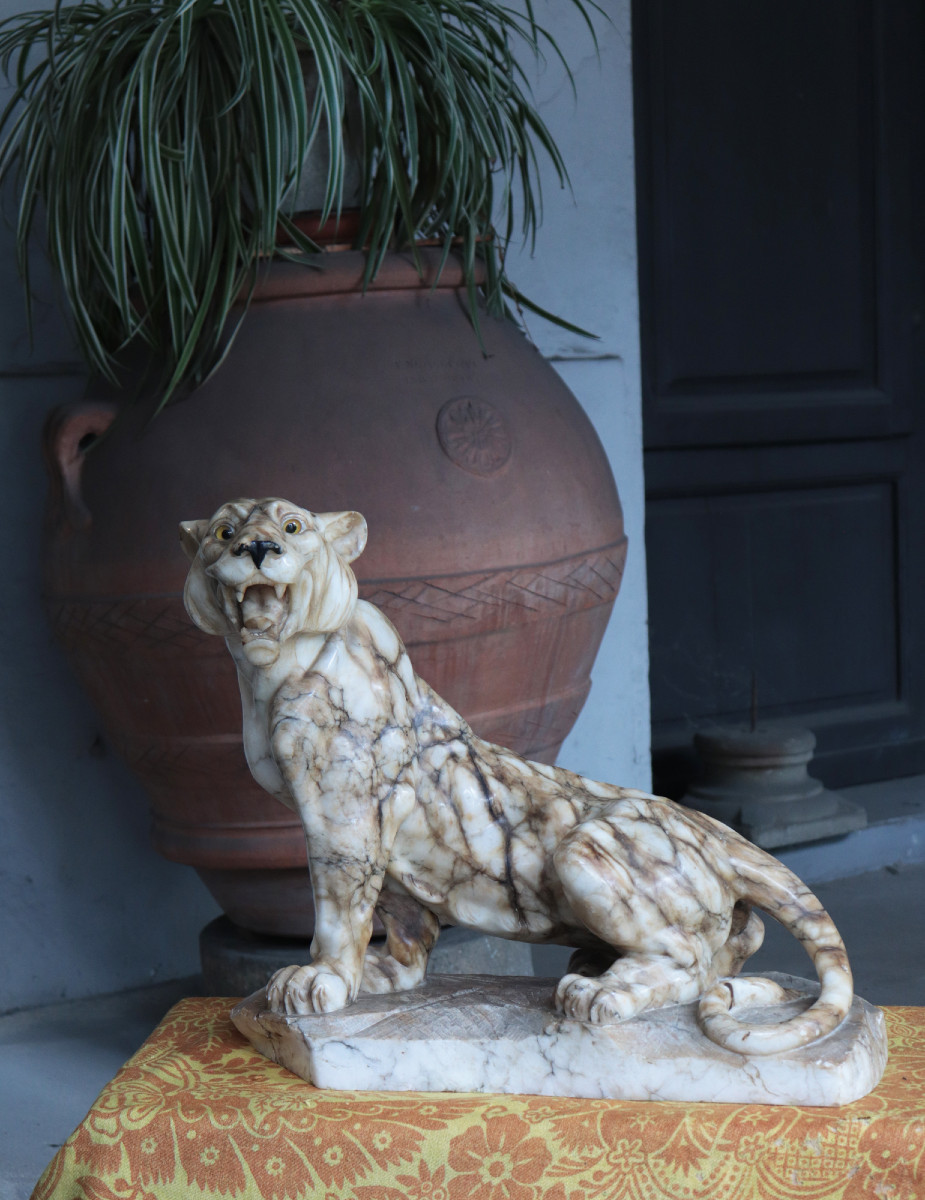 Alabaster Animal Sculpture: Panther, Early 1900s