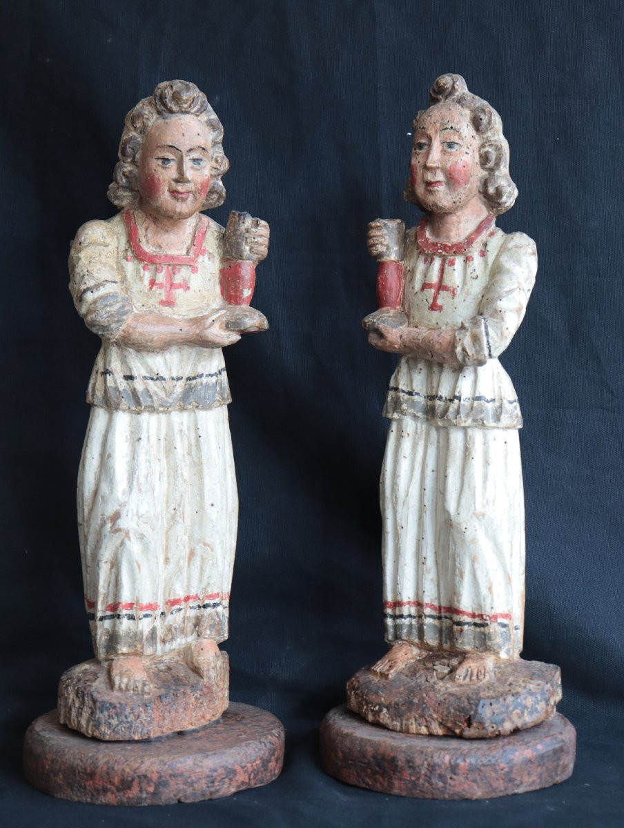Pair Of Polychrome Angels, Siena, 15th Century-photo-2